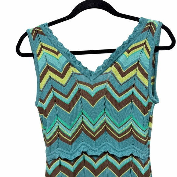 Beth Bowley Aqua Brown Chevron Knit Dress L – Retro Boho Cotton Midi - Picture 7 of 9